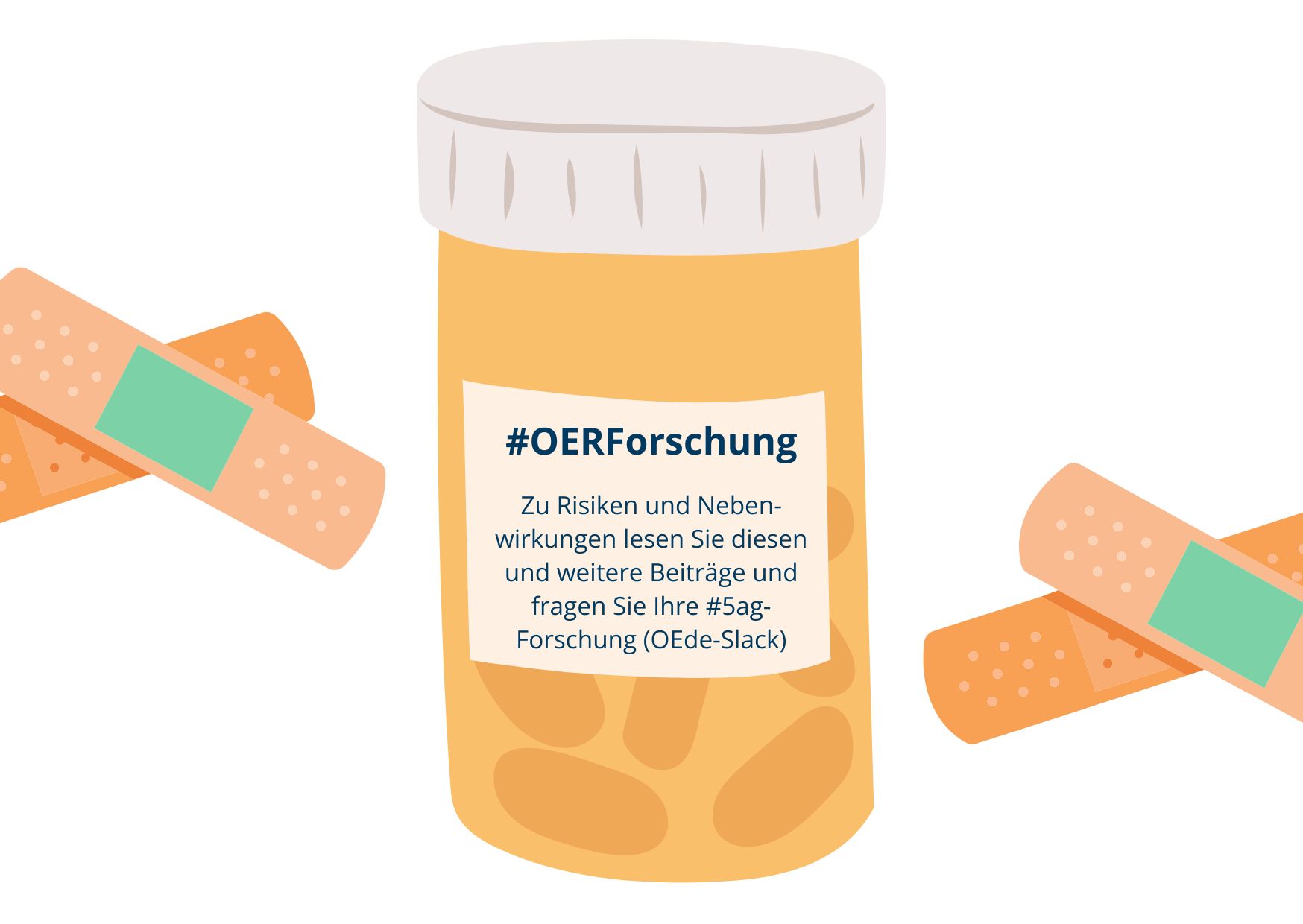 Gelber Medikamentenbecher mit der Aufschrift #OERForschung, Zu Risiken und Nebenwirkungen lesen Sie diesen und weitere Beiträge und fragen Sie Ihre #5ag-Forschung (OEde-Slack)