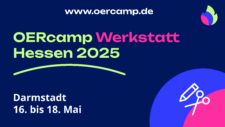 Sharepic OERcamp Werkstatt, dunkelblauer Hintergrund, Flammenlogo oben rechts in Pink,Kobaltblau und Hellgrün