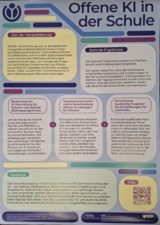 Poster mit vielen Textbausteinen, vorherrschende Farben hell- und dunkelblau, türkis, hellgelb, lila