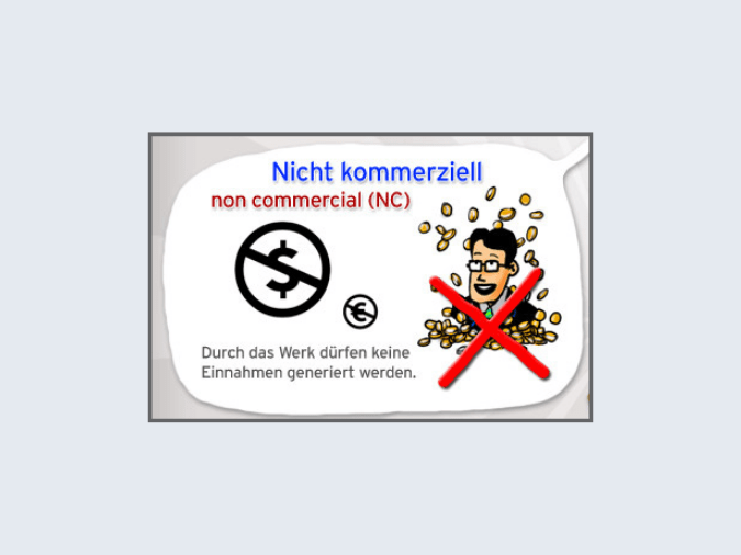 Geschäftsmann mit ganz vielen Geldmünzen, rotes X darüber, Comic-Stil, Pictogramm für NC daneben,