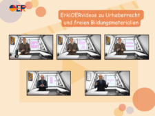 Hellorangener Hintergrund, Screenshots der fünf Videos im Vordergrund