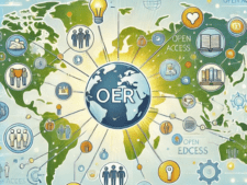 KI-generierte Grafik, eine Weltkarte im Hintergrund, eine kleine Weltkugel mittig im Vordergrund mit Schriftzug "OER", drum herum Abzweigungen mit Kreisen und Piktogrammen