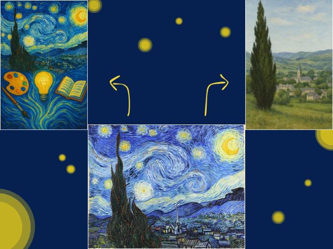 Dunkelblauer Hintergrund mit verschiedengroßen gleben Kreisen, im Vordergrund ist mittig das Bild Starry Night von Van Gigh zu sehen , rechts und links daneben Abwandlungen davon