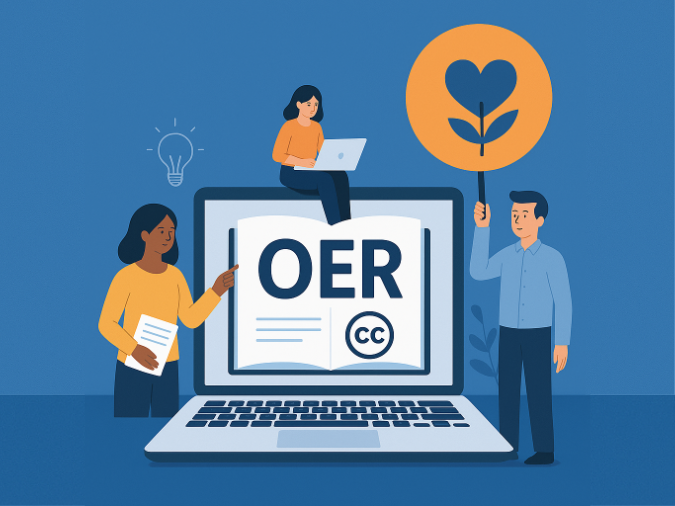 Blauer Hintergrund, Laptop im Vordergrund mit OER auf dem Bildschirm, Menschen im Comic-Stil herum