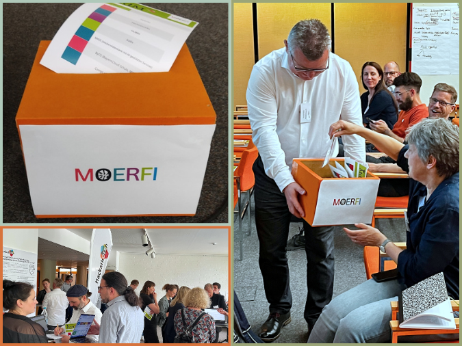 Collage aus drei Fotos, links oben orange Box, links unten Blick in Diskussionsrunden, rechts Wahlzettelabgabe