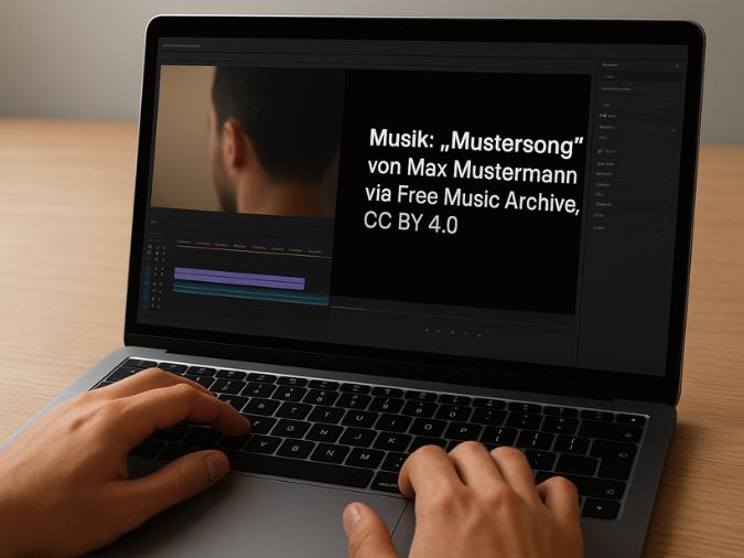 Bildschirm eines Laptops. Auf dem Bildschirm ist ein Videobearbeitungsprogramm zu sehen. Hände eines Menschen, der auf die Tastatur tippt.