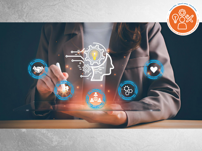 Oberkörper einer Person mit langen Haaren hinter einem Tisch, im Vordergrund fünf Icons mit blauer Kreisumrandung, rechts oben orangener runder Stempel zu den Aktionswochen des DBS