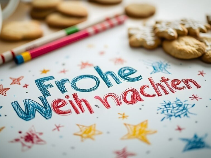 Mit Buntstiften geschrieben "Frohe Weihnachten", verschwommen im Hintegrund Buntstifte und Kekse.