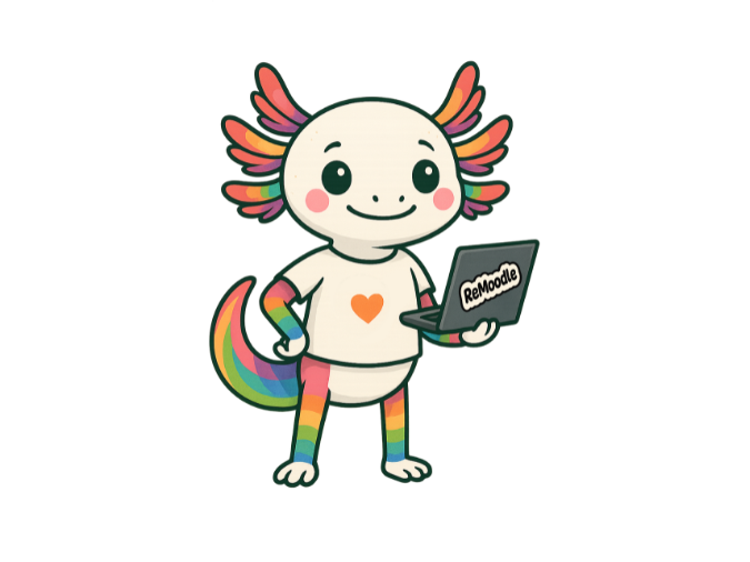 Axolotle im Comic-Stil, das einen Laptop in der Hand hält mit Sticker "ReMoodle"
