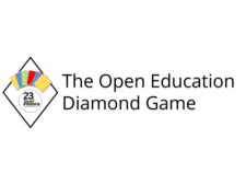 Raute auf der linken Seite mit bunten Kärtchen und Slogan "23 Good Reasons", rechts in schwarzer Schrift "The Open Education Diamond Game"