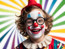 Bunte Streifen im Hintergrund in keichter Spiralbewegung, Im Vordergrund Kinderclown (KI-generiert)
