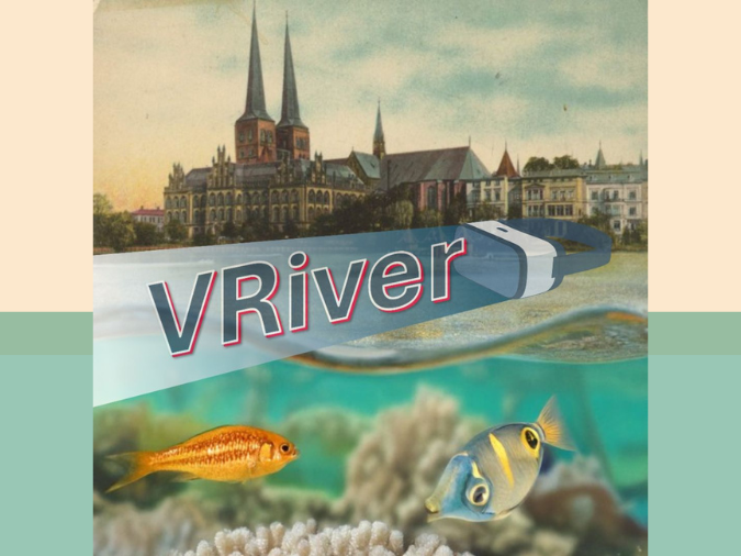Illustration eines Flussabschnitts mit einer historischen Stadtansicht im Hintergrund, darunter einer Unterwasserperspektive mit zwei bunten Fischen zwischen Korallen. Über dem Wasser schwebt eine stilisierte VR-Brille mit der Aufschrift ‘VRiver’.