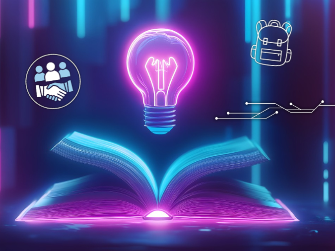 Geöffnetes Buch mit Glühbirne darüber in Neonfarben rosa und blau, Icons Schulranzen, Digitales Netz und Kreis mit drei Personen und Handschlag