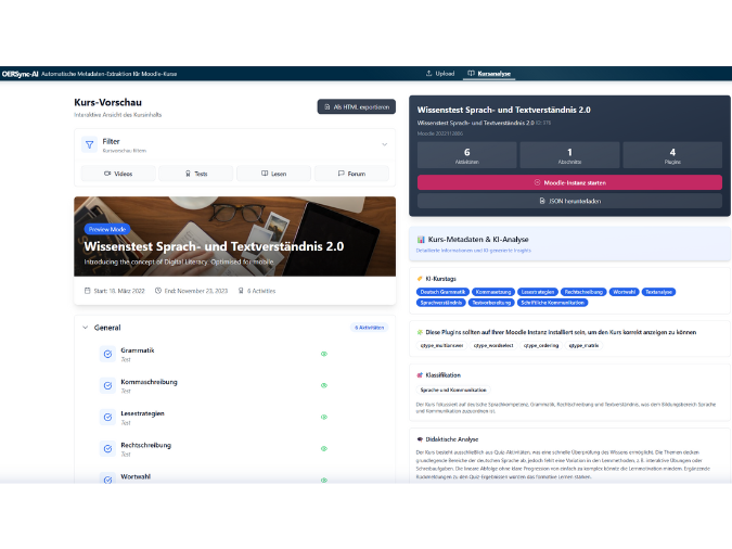 Screenshot der OERSync-AI Oberfläche, Links ist eine Kursvorschau, rechts ausführlichere Infos