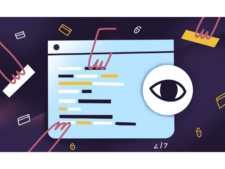 Hintergrund in Dunkellila, im Vordergrund im abstrakten, gezeichneten Stil eine Website und Hände, die einzelne Inhalte der Website entfernen