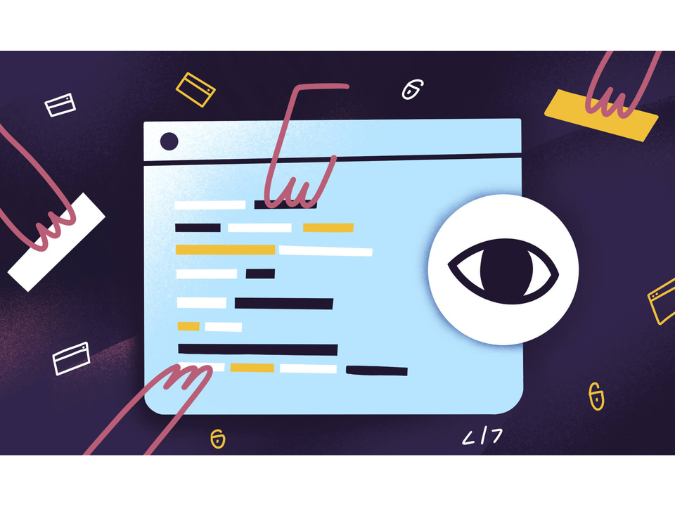 Hintergrund in Dunkellila, im Vordergrund im abstrakten, gezeichneten Stil eine Website und Hände, die einzelne Inhalte der Website entfernen