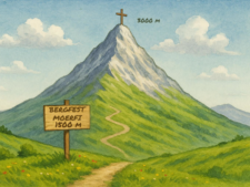 KI-generiertes Bild von einer Wiese mit Weg im Vordergrund und Schild mit der Aufrschrift "Bergfest MOERFI 1500m", Berg mit Gipfelkreuz im Hintergrund, Aquarellstil