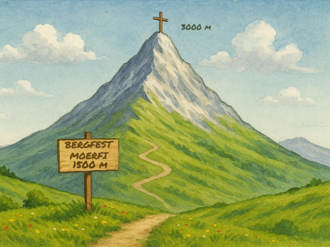 KI-generiertes Bild von einer Wiese mit Weg im Vordergrund und Schild mit der Aufrschrift "Bergfest MOERFI 1500m", Berg mit Gipfelkreuz im Hintergrund, Aquarellstil
