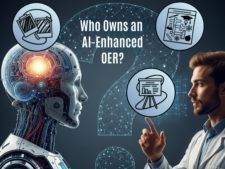Roboter mit sichtbaren Schaltkreisen und Mensch im Anzug zeigen auf ein großes Fragezeichen mit dem Text 'Who Owns an AI-Enhanced OER' und drei Symbolen für Fotos, Kreuzworträtsel und Präsentation.
