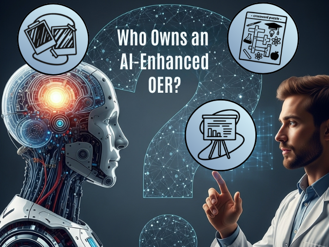 Roboter mit sichtbaren Schaltkreisen und Mensch im Anzug zeigen auf ein großes Fragezeichen mit dem Text 'Who Owns an AI-Enhanced OER' und drei Symbolen für Fotos, Kreuzworträtsel und Präsentation.