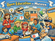 Comic-Illustration mit Menschen unterschiedlichen Alters in einem Museum mit Tablets, Büchern, VR-Brille, Globus, Dinosaurierskelett, Pharaonenmaske und antiker Statue, darüber Schriftzug 'Open Education in Museen'