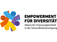 Logo des Programms "Empowerment für Diversität", Bögen und Punkte in orange, gelb, blau und Lila, die Menschen darstellen sollen