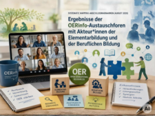 Laptop mit Videokonferenz von neun Personen neben Tasse und Notizbüchern mit handschriftlichen Stichpunkten sowie Illustrationen von Figuren, Symbolen und Würfeln mit Texten zu Bildungsthemen