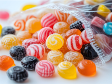 Geöffnete Plastikverpackung, aus der bunte Bonbons herausfallen