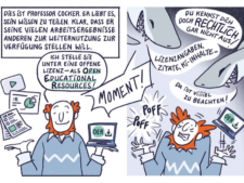 Linke Hälfte: Mann mit Laptop und fröhlichem Gesicht, Sprechblasen, Rechte Hälfte: Mann mit Laptop und verängstigtem Gesicht, zwei Haie über ihm mit Sprechblasen