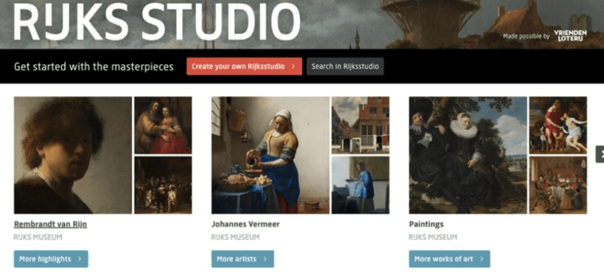 Screenshot des Rijksstudio, Sammlungen von Kunstwerken