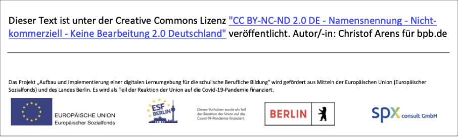 OER-Prüfinstrument: vollständiger Lizenzhinweis, die Lizenz CC BY-NC-ND ist jedoch nicht OER-konform.
