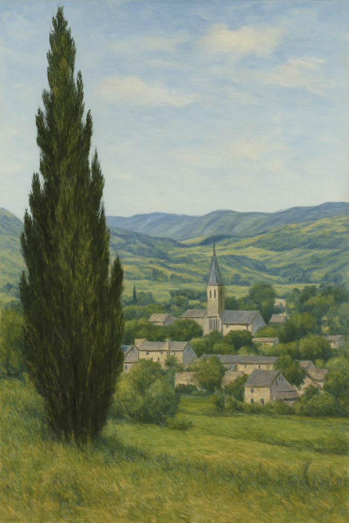 Realistisch gezeichnetes Gemälde, im Vordergrund Zypresse, im Hintergrund kleines Dort mit Kirchturm