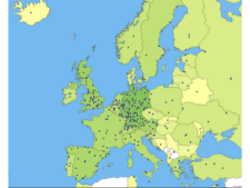 Karte mit Ländergrenzen Europas, Schwarze Punkte die für Eintragungen in der OER World Map stehen