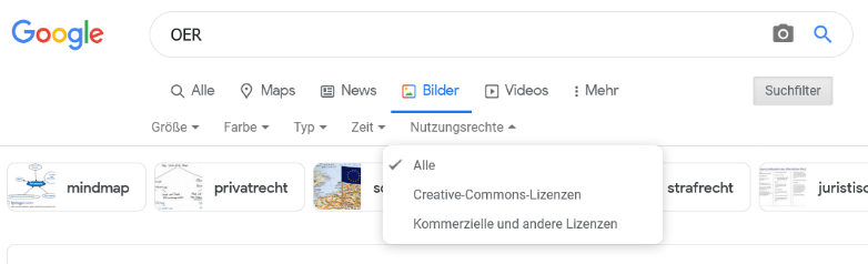 Screenshot Google Bildersuche, Suchfilter Nutzungsrechte zur Suche nach offen lizenzierten Materialien