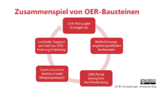 Zusammenspiel von OER-Bausteinen: OER-Policy gibt Strategie vor, Weiterbildungsangebote qualifiziert Bedienstete, OER-Portal ermöglicht Veröffentlichung, Open Education Austria erlaubt Wissensaustausch, Laufender Support animiert zur OER-Nutzung/-Erstellung