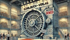 Ki-generiertes Bild, Große Lagerhalle mit einem riesigen Tresor, mehrmals sieht man den Slogan Access Denied, ganz oben steht "Schulbuch-Verlag"