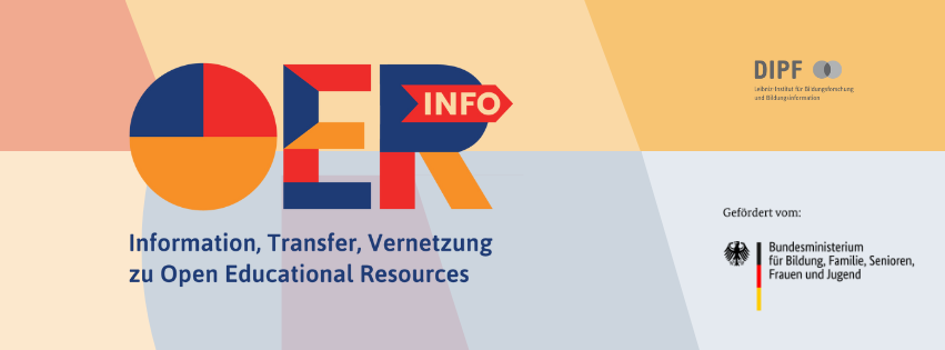 OERinfo-Logo groß im Vordergrund, rechts oben DIPF-Logo in schwarz-weiß, unten rechts BMBFSFJ-Logo
