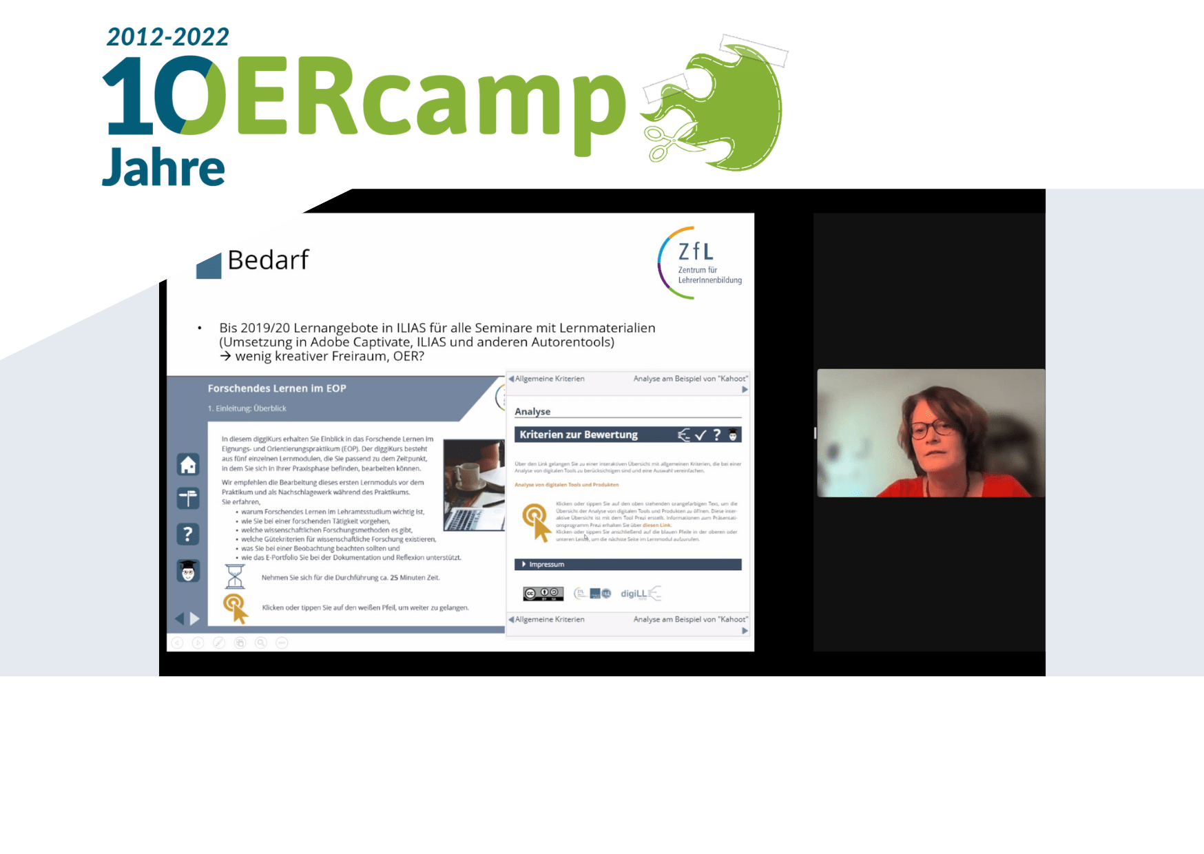 Thumpnail der Aufzeichnung vom OERcamp2022: Meggi Wiesmann zur Online-Session Schnell und ohne Ressourcen gewachsenes Lernportal des ZfL, Uni Köln