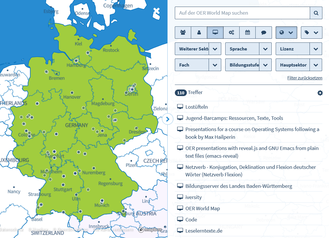 Screenshot OERde-Karte, Suche nach Services in Deutschland