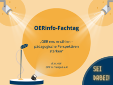 orangener Kreis in der Mitte mit Titel und Datum des OERinfo-Fachtags, Scheinwerfer beleuchten diesen Kreis, links ist ein Mikrofon zu sehen