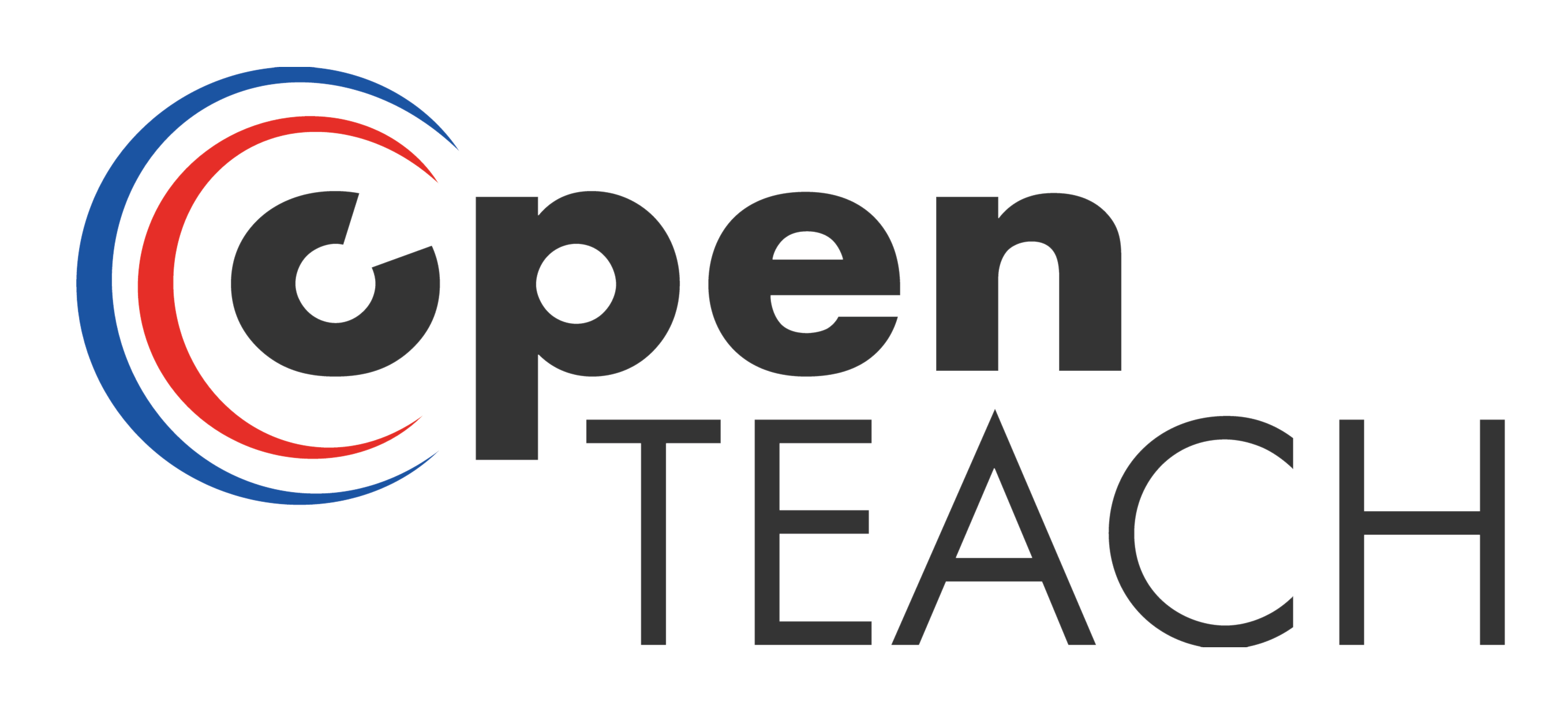 Logo des Projekt Open Teach: schwarzer Schriftzug mit zwei offenen Kreisen in blau und rot um den ersten Buchstaben