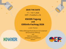 Dunkelgelber Kreis in der Mitte mit Text, Hintergrund hellgelb, Scheinwerfen oben links und rechts, zwei Kreise mit KNOER-Logo und OERinfo-Logo unten links und rechts