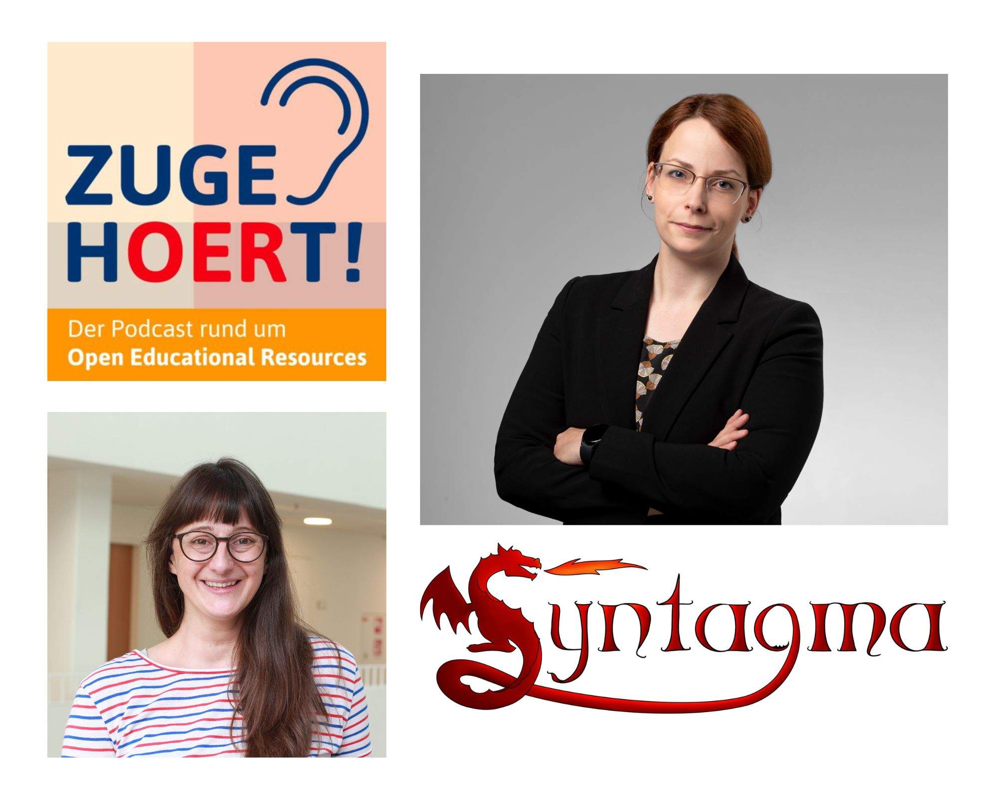 Collage: Logo Podcast zugehOERt, Foto von Susanne Grimm und Katja Politt, Logo von Syntagma (roter Schriftzug mit stilisiertem Drachen)