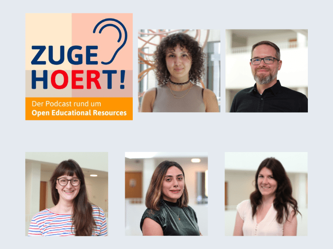 Collage der Teammitglieder, Porträtfotos, obere Reihe von links nach rechts: Logo zugehOERt, Nora Goßmann, Johannes Appel; untere Reihe von lijnks nach rechts: Susanne Grimm, Shahla Razulsade, Angela Karnoll