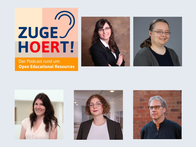 Logo des Podcast zugehOERt, Fotocollage von Angela Karnoll, Saskia Buschler, Silvia Retzlaff, Sonja Philipp und Richard Heinen