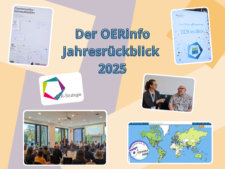 Collage aus Fotos rund um offene Bildungsressourcen, darunter Veranstaltungen, Gespräche, ein Screenshot der OER World Map und Logos, Schriftzug in blau "Der OERinfo Jahresrückblick 2025" in der Mitte.