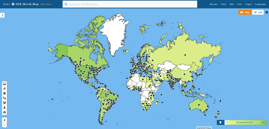 Screenshot der OER World Map mit klickbaren Punkten, die die einzelnen Einträge darstellen