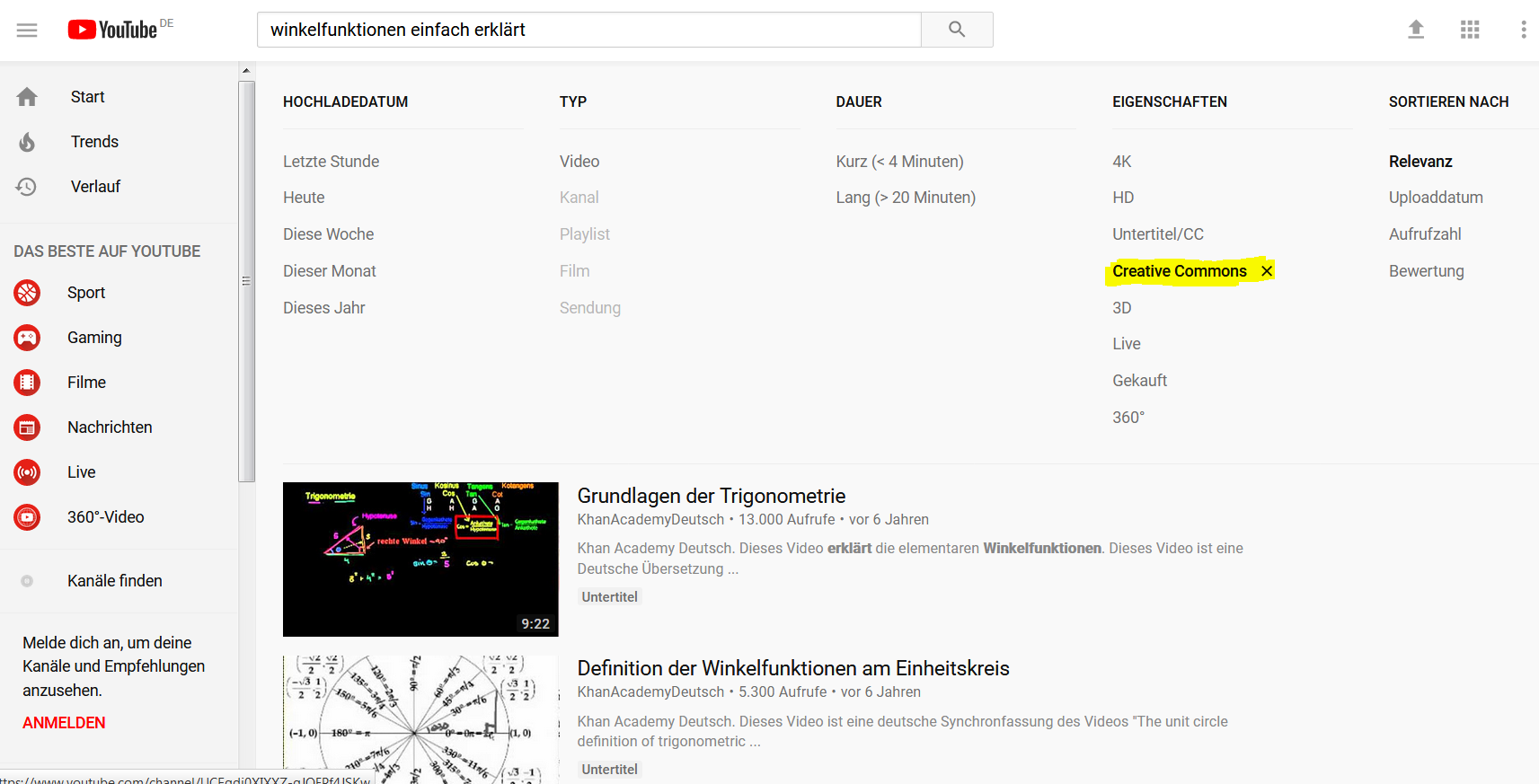 Screenshot, Filter bei YouTube-Suche