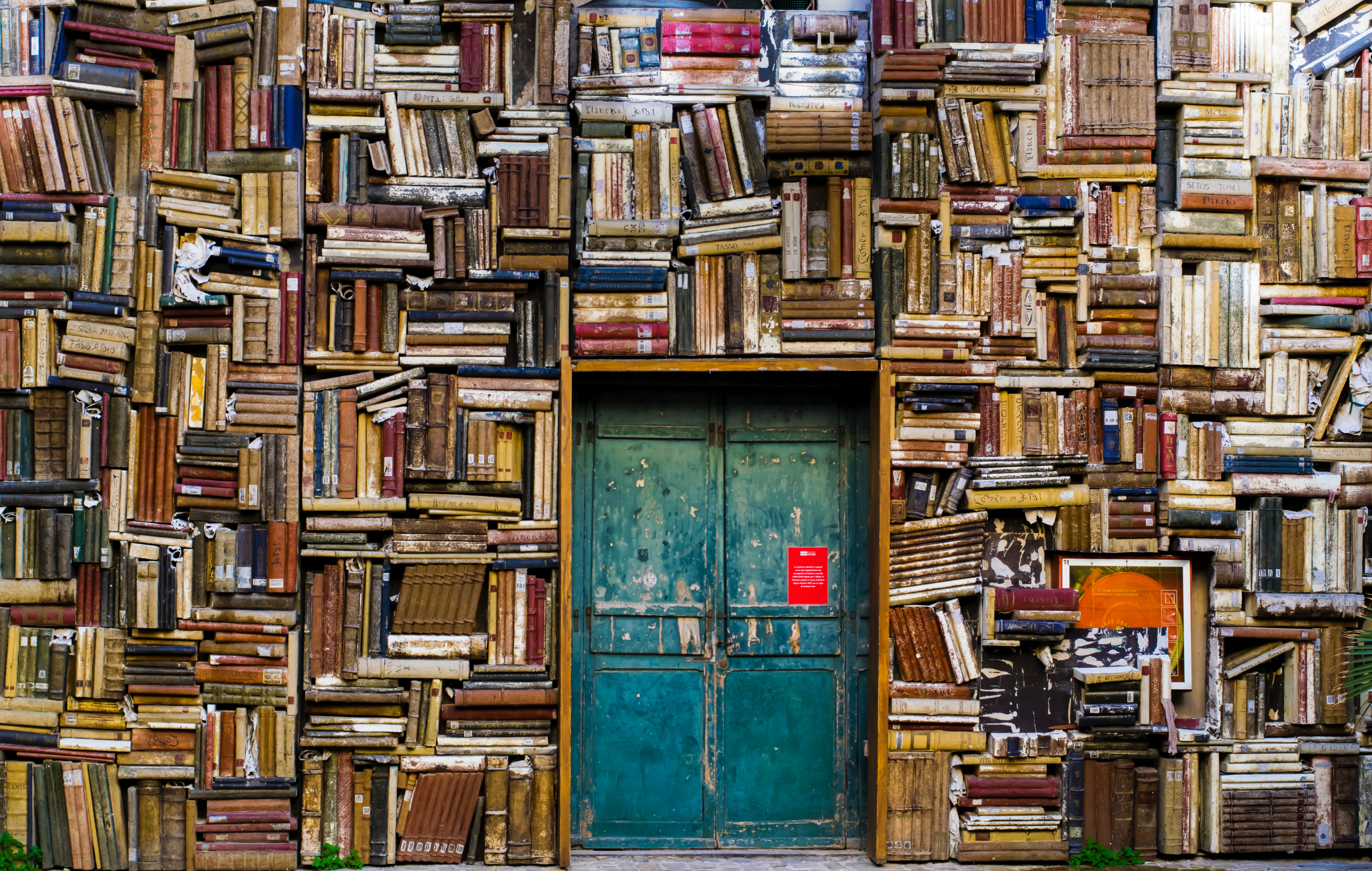 Blaue Holztür umgeben von Büchern